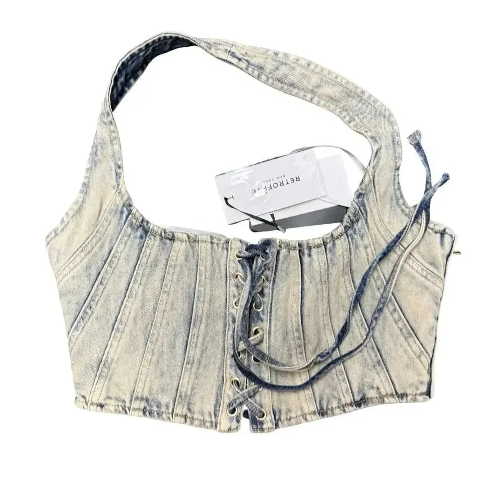 NWT Retrofete Bandit Denim Halter Corset Top Amalfi Lace Up Crop Size S